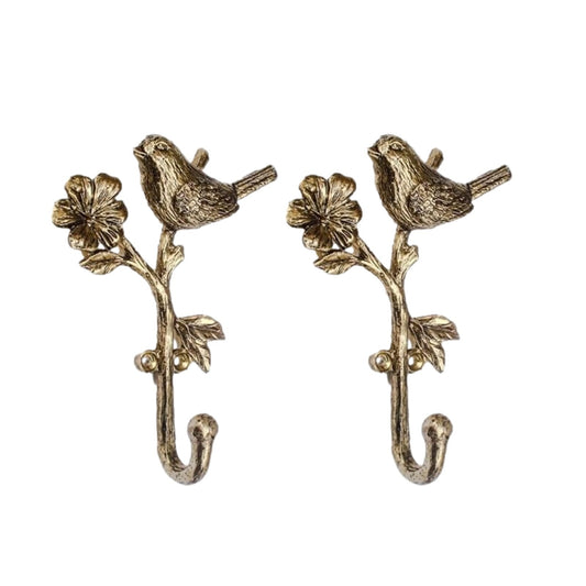 2Pc Metal Gold Wall Bird on Branch Hooks Coat Keys Hanger Rack Wall Mounted