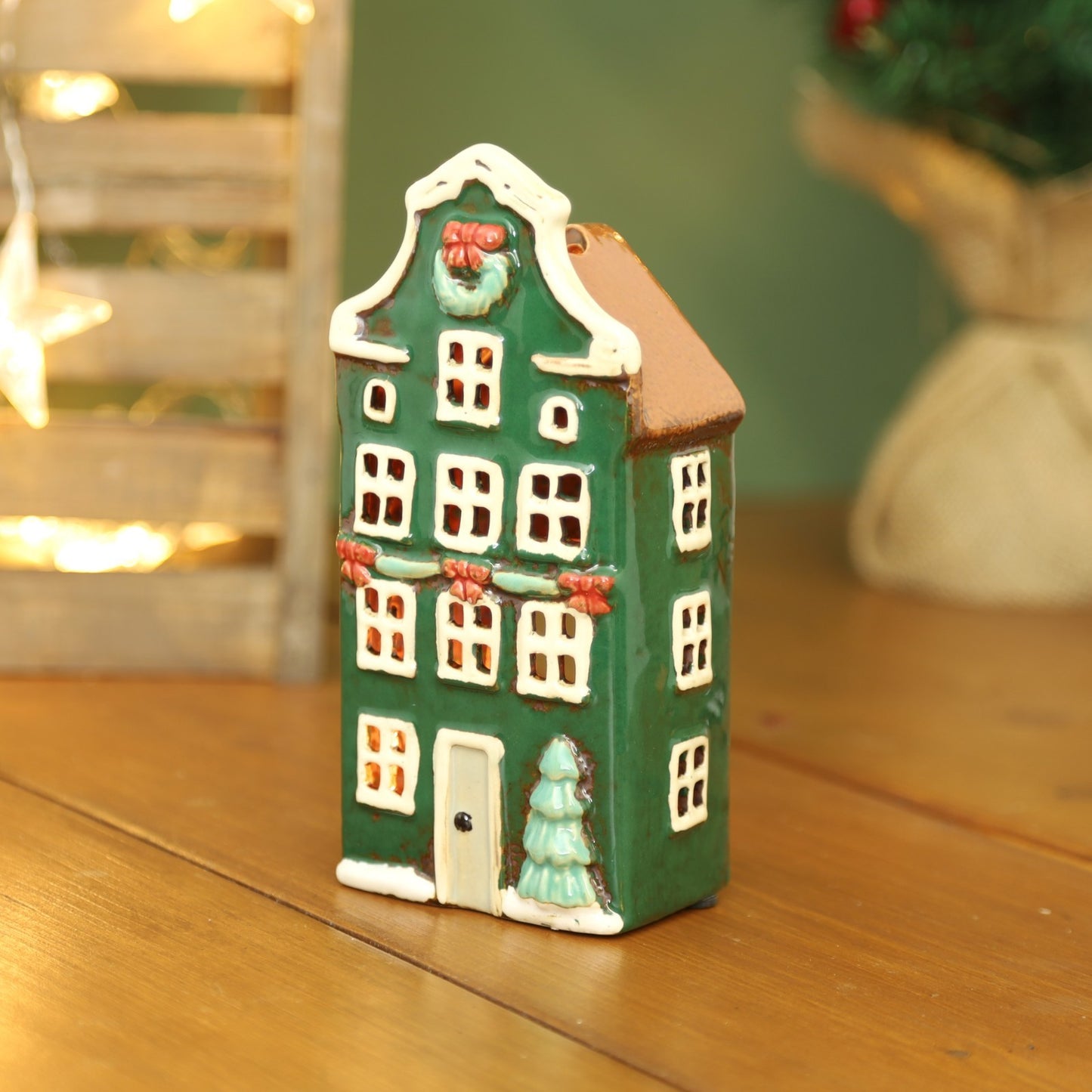 Ceramic Christmas Tealight Holder Cottage Village Scene Townhouse Xmas Ornament