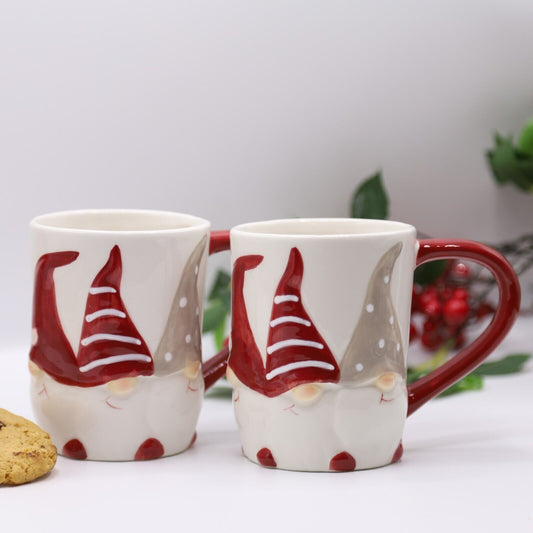 2Pc Ceramic Red & White Gonks Mug 300ml Tall Coffee Tea Cup Christmas Table Gift