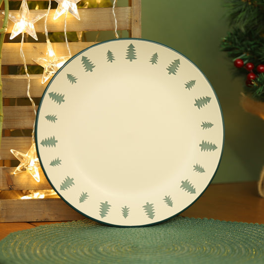 Ceramic White Plate Tree Embossed Green Rim Dinner Tableware Dining Table Xmas