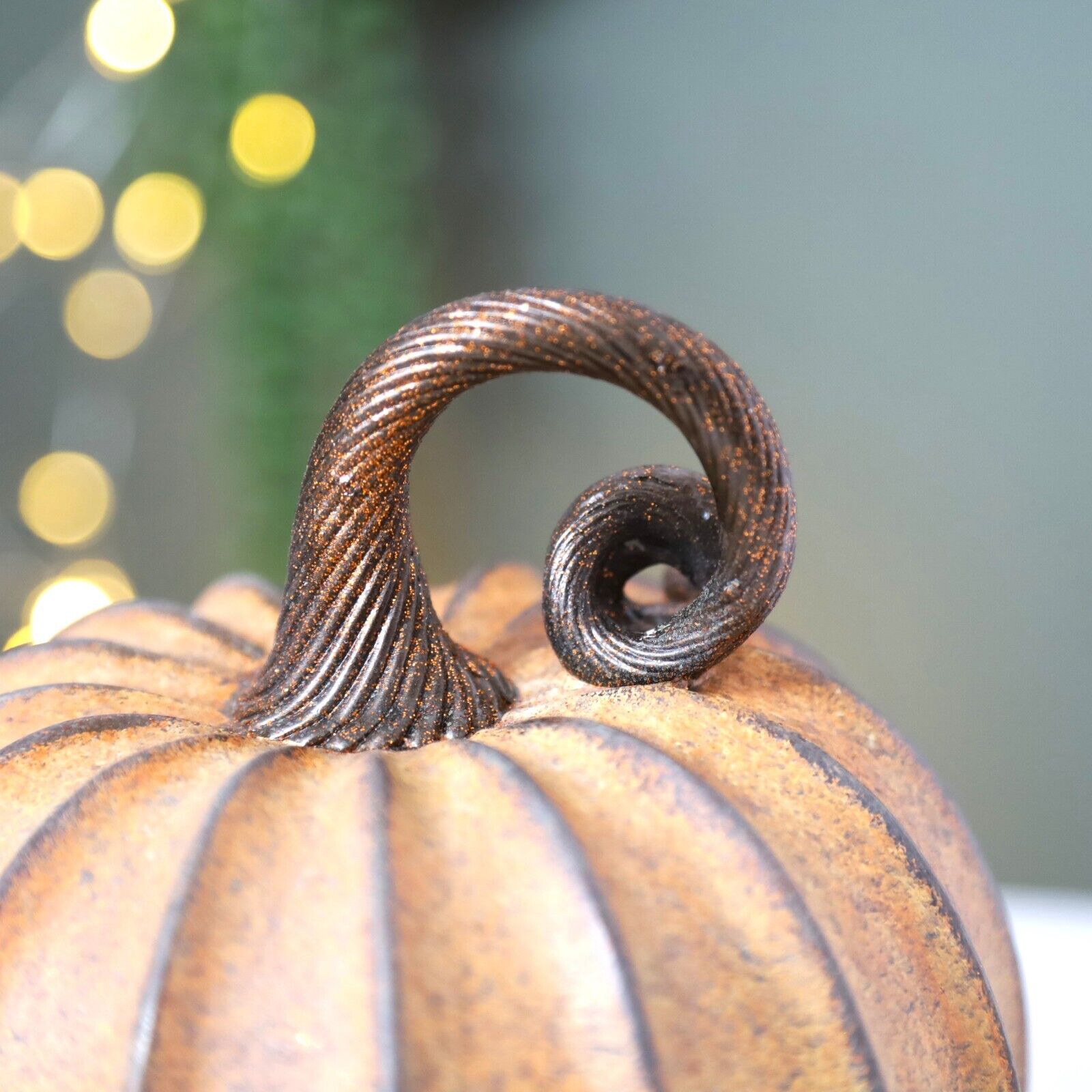 15cm Autumnal Pumpkin Pale Segmented Harvest Bronze Stem Ornament Halloween