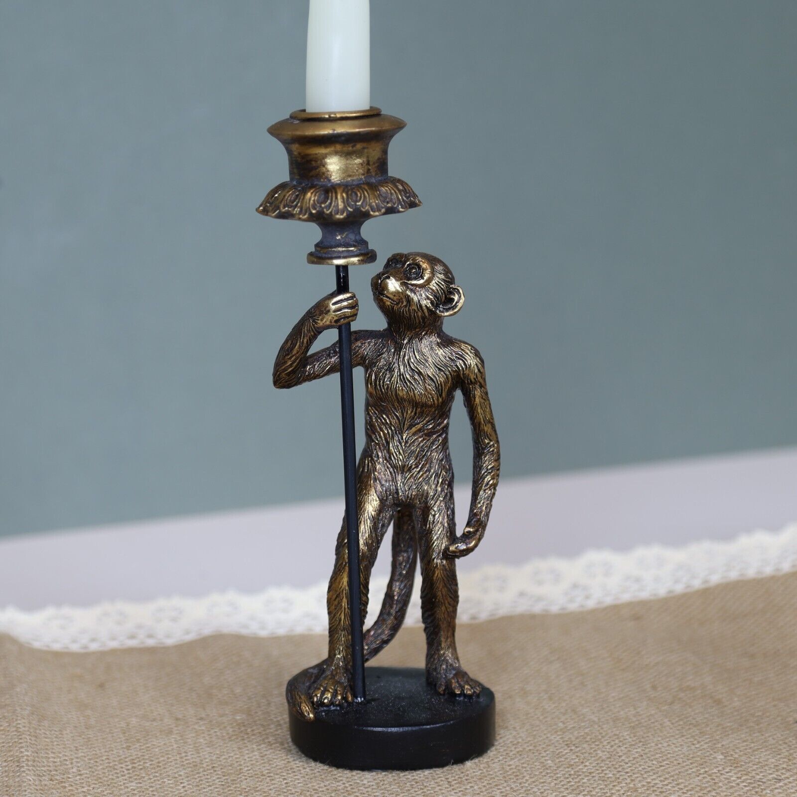 24cm Antique Copper Resin Monkey Tapered Candle Stick Holder Animal Statue