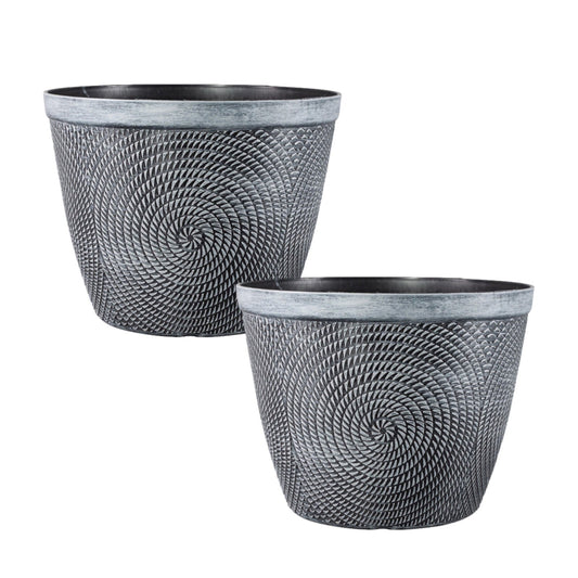 2Pc Round Silver Grey Plant Pot 38cm Spiral Pot Outdoor 22L Gloss Garden Planter
