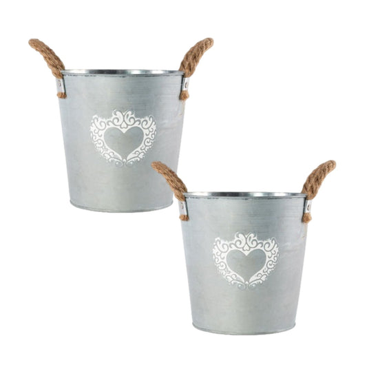 2Pc Zinc Tin Pail Plant Pot 18cm Heart Print Planter With Rope Handles Bucket