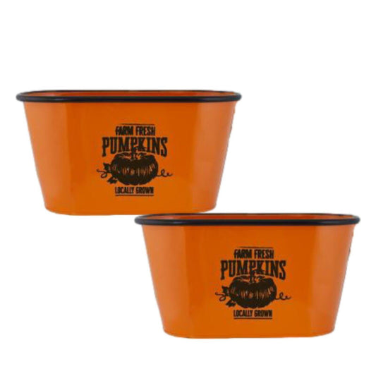 2Pc Orange Tin Halloween Troughs Planters 30cm Pumpkin Plant Pots Party Decor