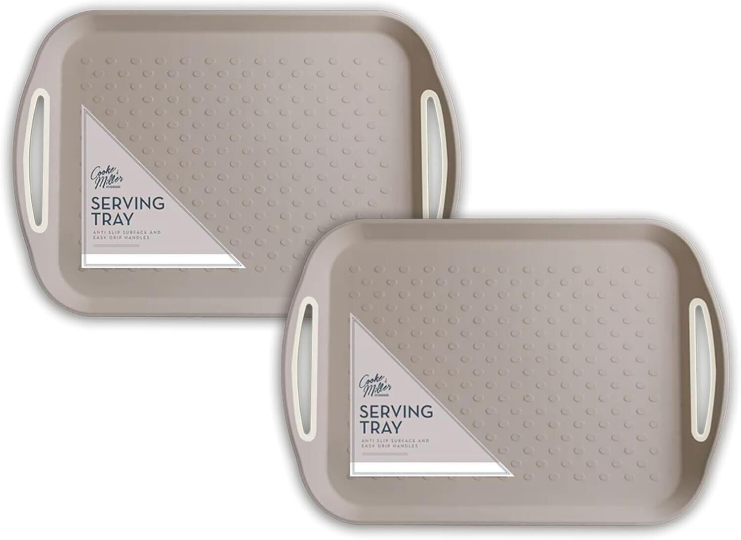 2Pc Beige Plastic Anti Slip Serving Tray Rubber Easy Grip Handle Wipe Clean Tray