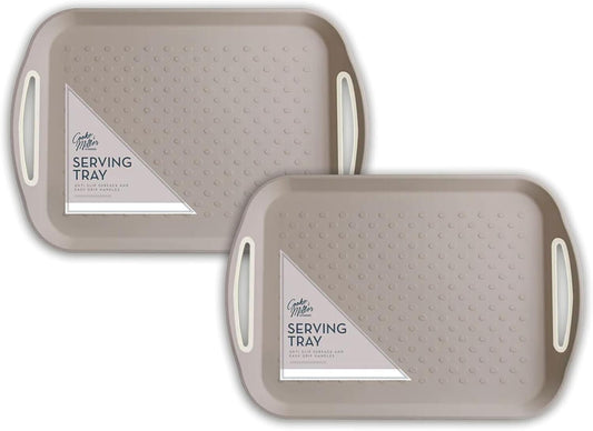 2Pc Beige Plastic Anti Slip Serving Tray Rubber Easy Grip Handle Wipe Clean Tray