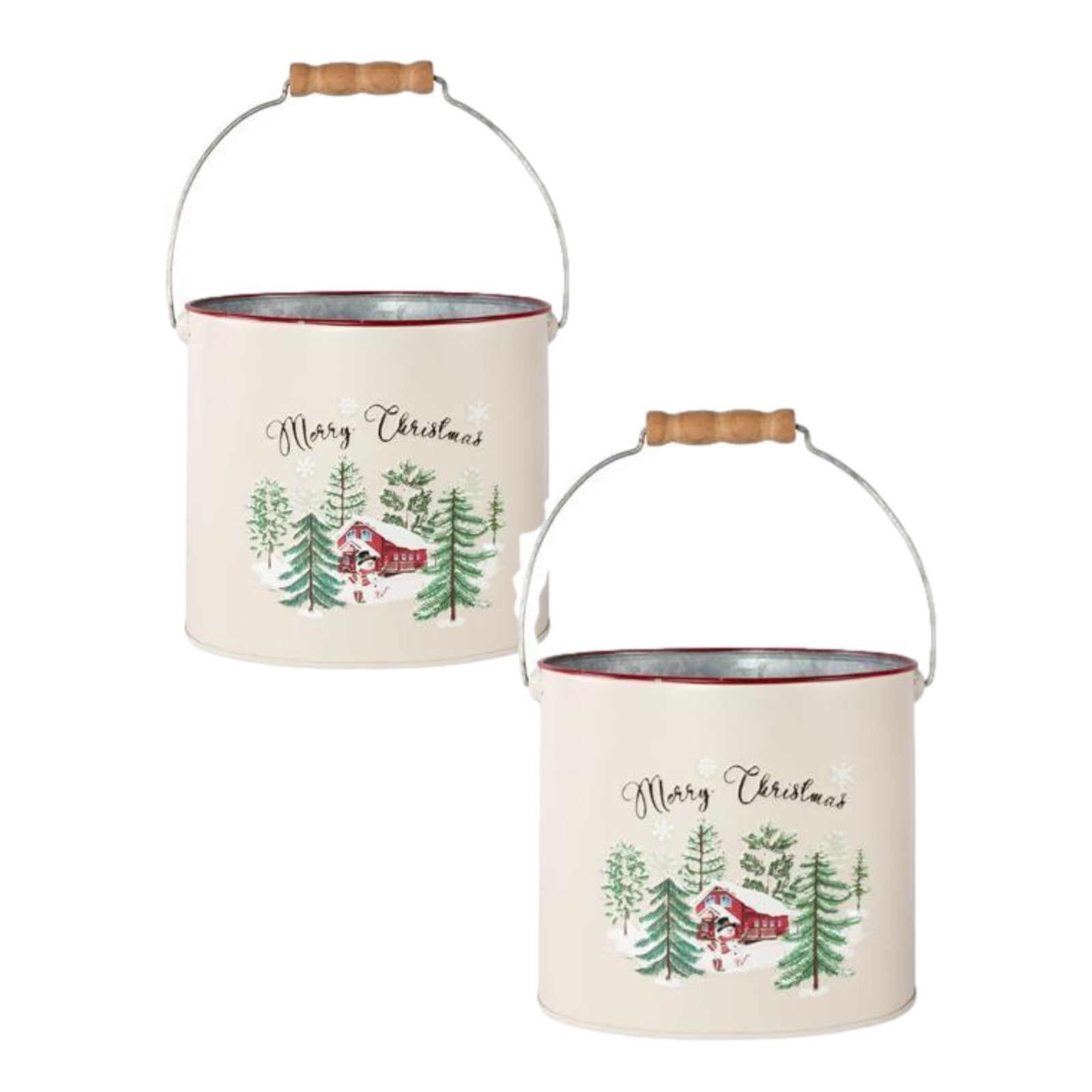 Tin Pail Bucket With Handle 18cm Merry Christmas Snow Scene Xmas Plant Pot Gift