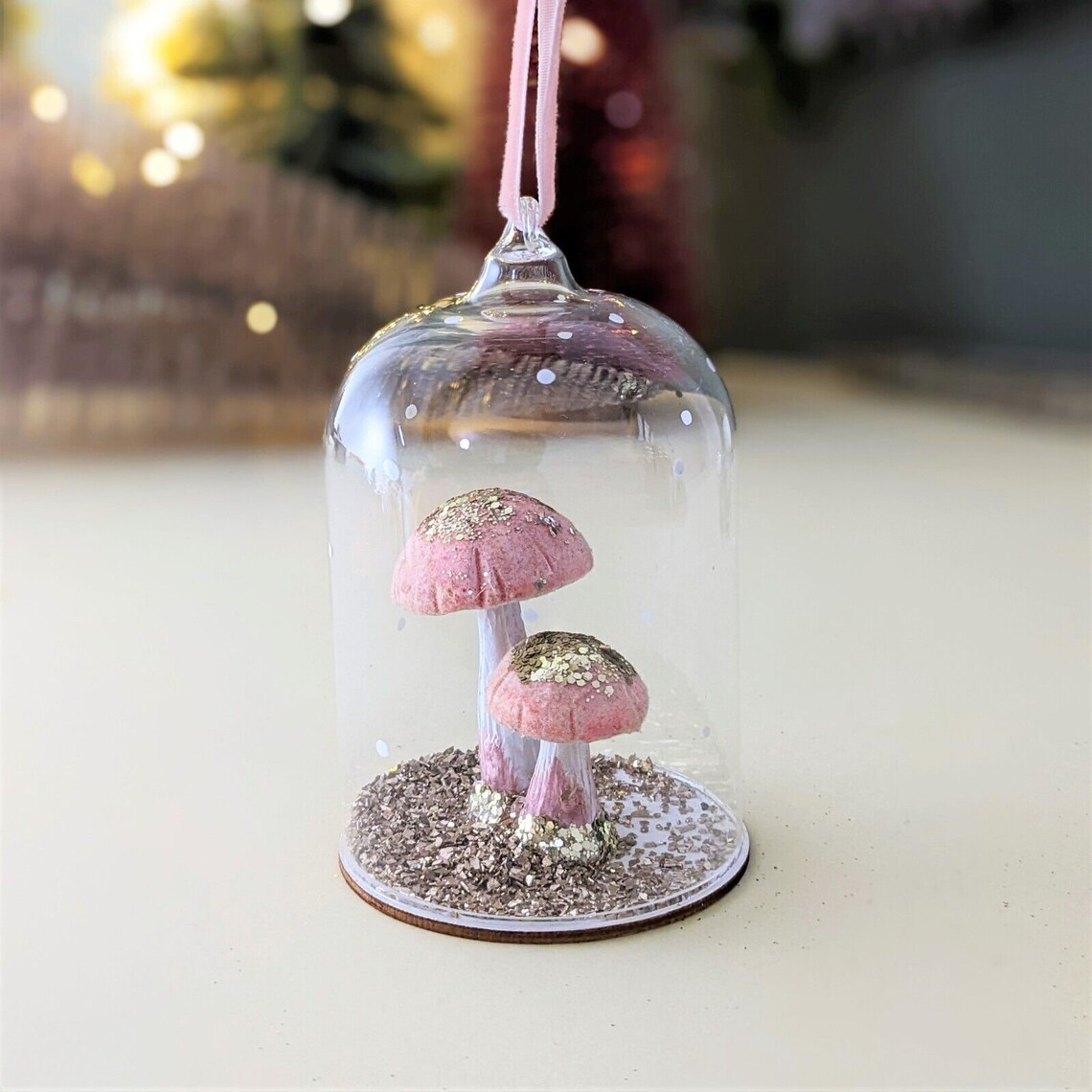 Gold Pink Mushroom Christmas Tree Hanging Bauble Decor Glitter Xmas Decor Cloche