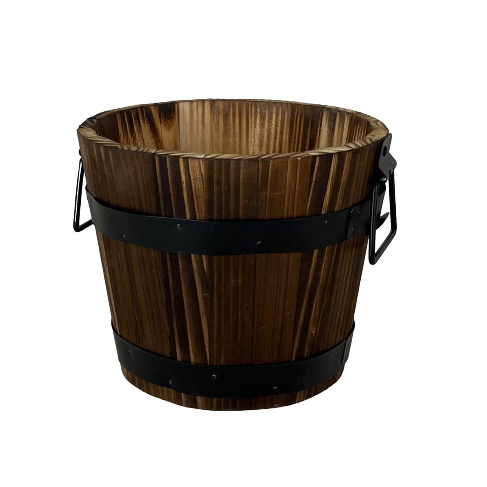 Round Wooden Barrel Planter 24cm Garden Pot with Metal Handles Band Outdoor Tub