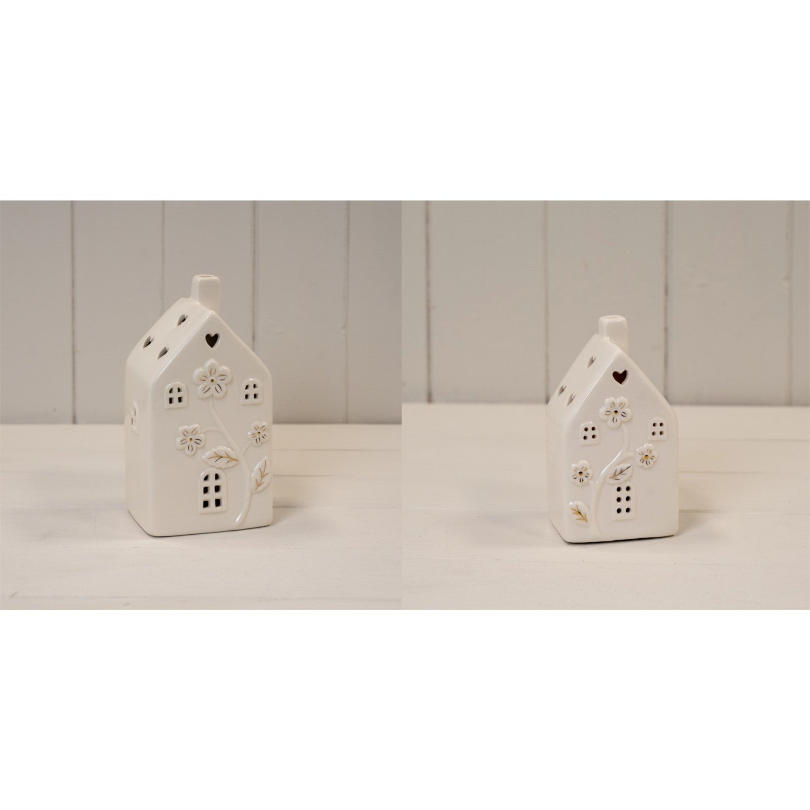 Ceramic White House LED Light Up Ornament Glazed Textured Heart Cutout Flower
