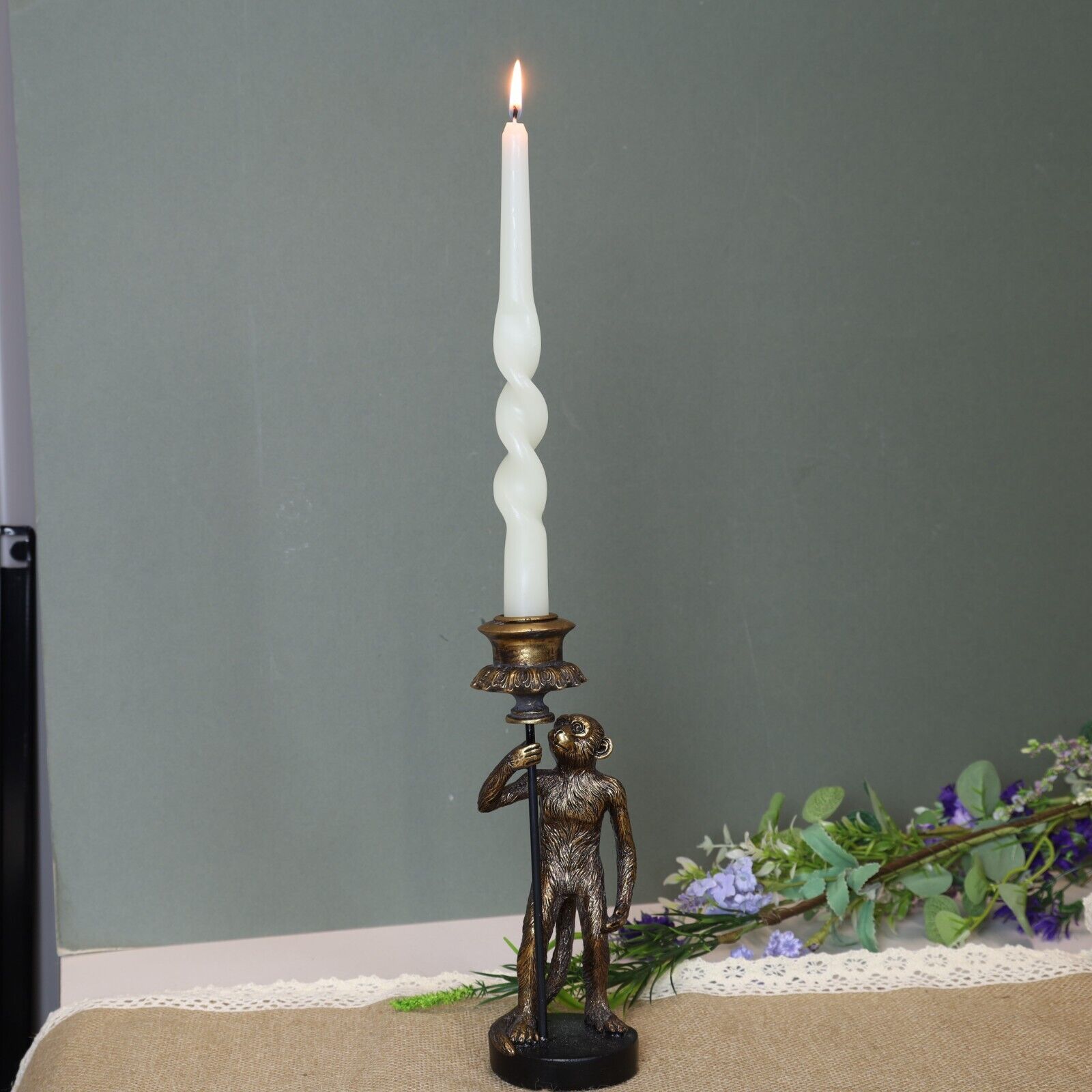 24cm Antique Copper Resin Monkey Tapered Candle Stick Holder Animal Statue