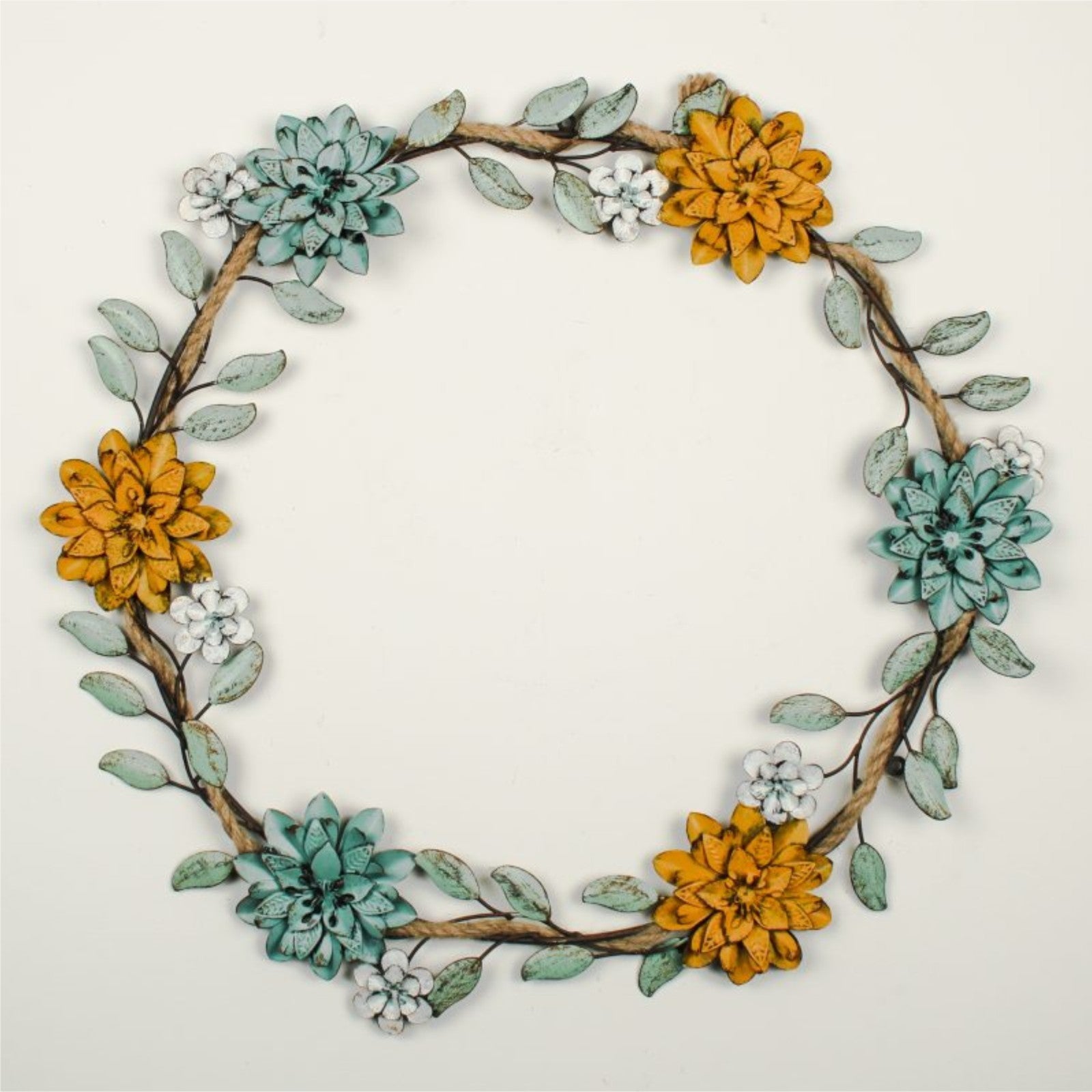 56cm Metal Flowers Rope Wreath Autumn Door Home Wall Sign Round Floral Decor