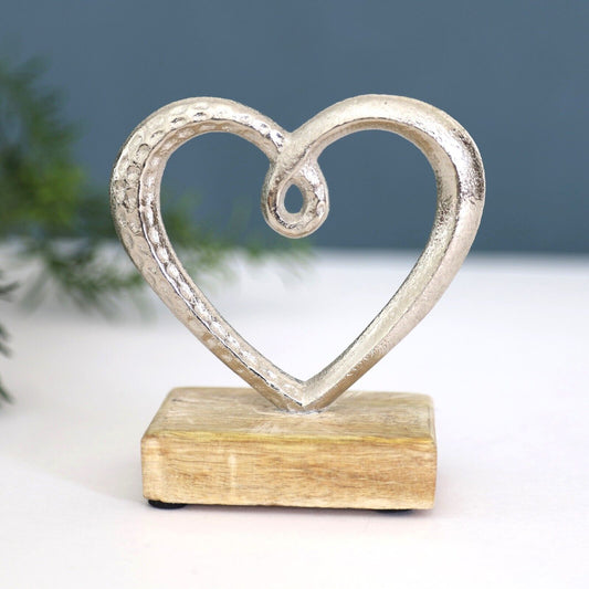 10cm Aluminium Silver Heart on Wooden Plinth Home Decor Ornament Figurine