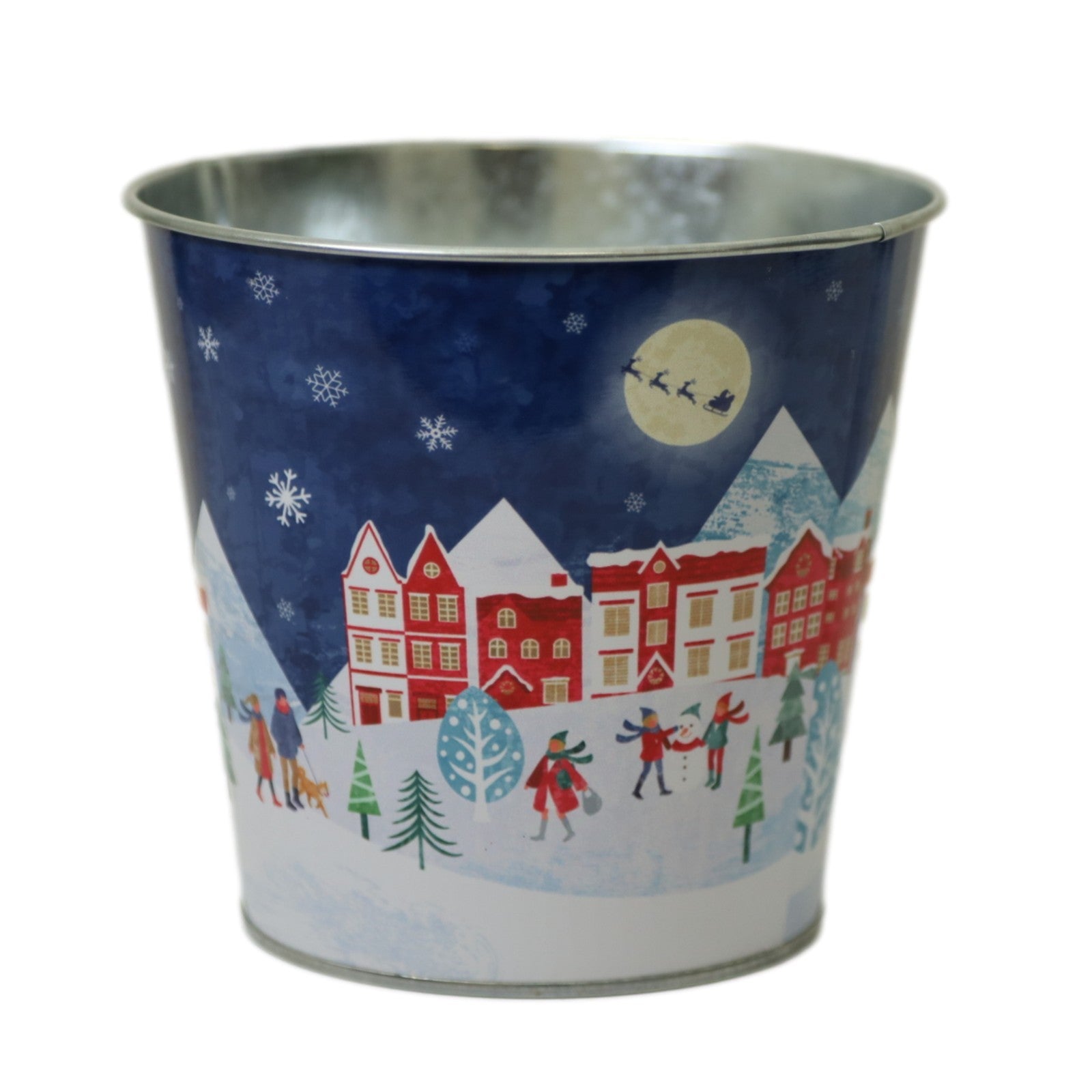 Zinc Blue Plant Pot 15cm Christmas Village Scene Festive Winter Town Planter