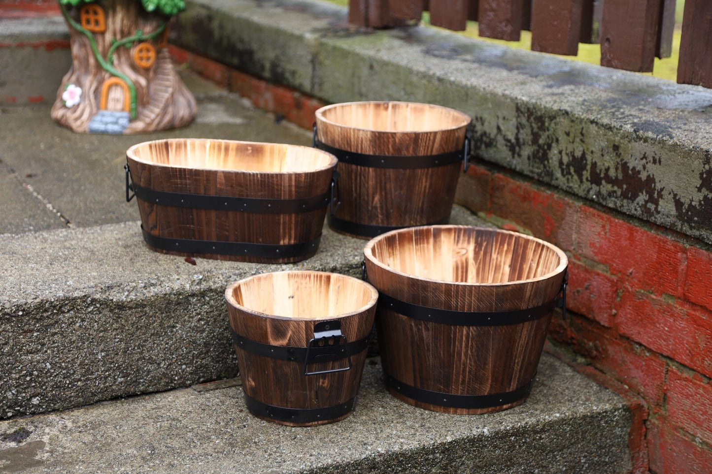 Round Wooden Barrel Planter 24cm Garden Pot with Metal Handles Band Outdoor Tub