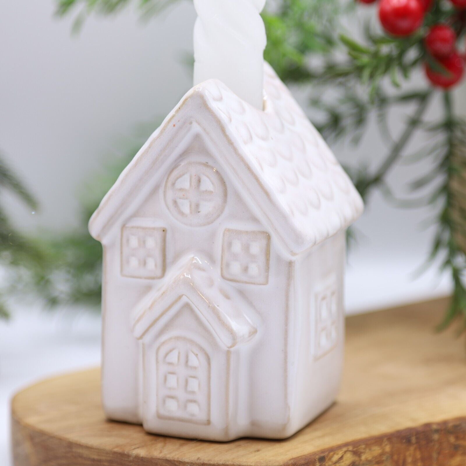 Beige Ceramic Candle Holder Country House Village Scene 9.5cm Ornament Decor