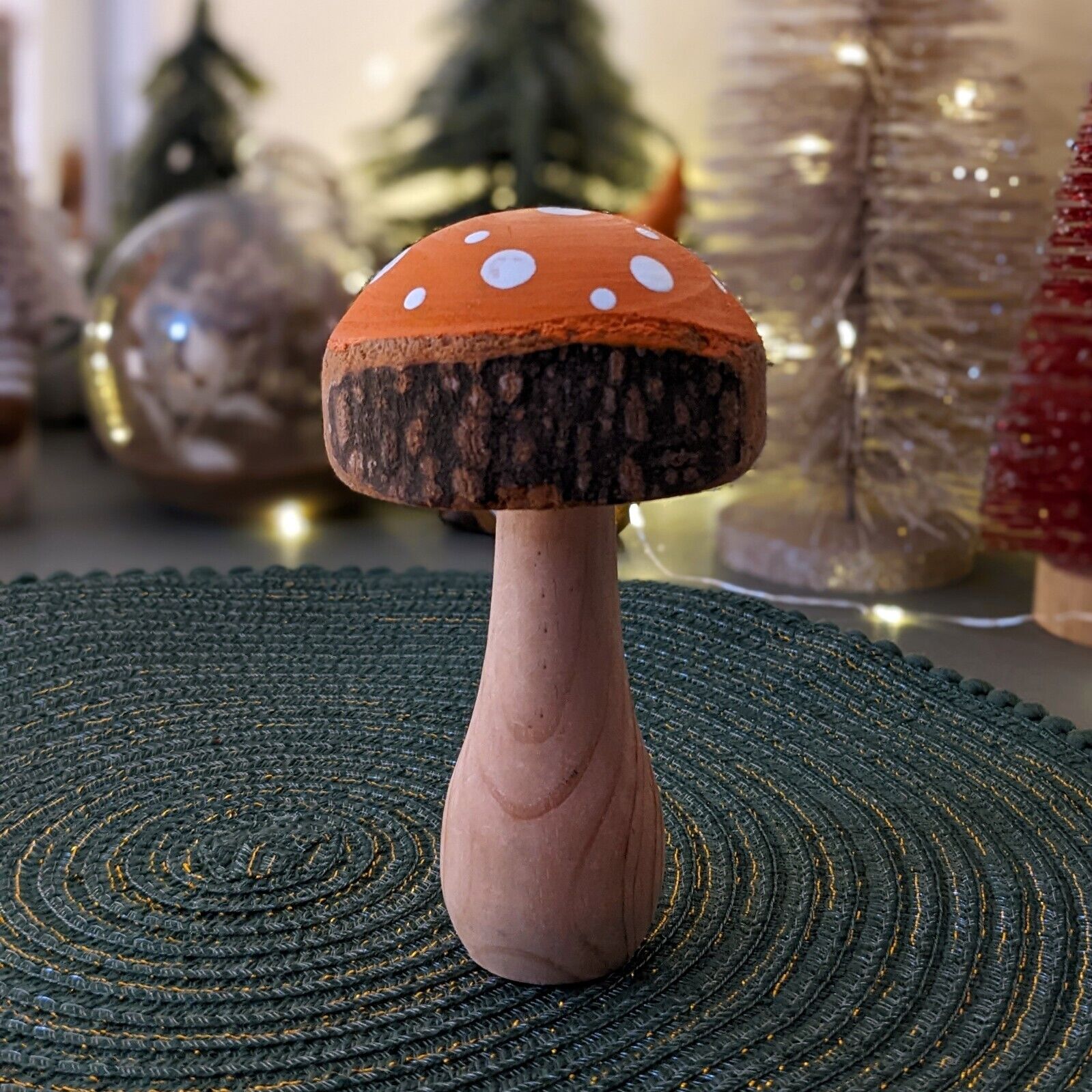 Wooden Orange Painted Mushroom Autumn Fall Toadstool Ornament Home Decor