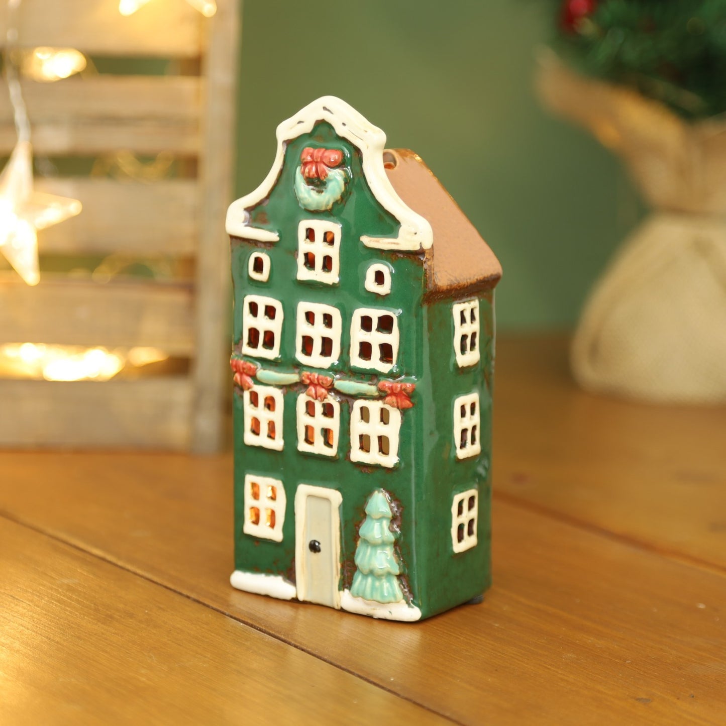 Ceramic Christmas Tealight Holder Cottage Village Scene Townhouse Xmas Ornament