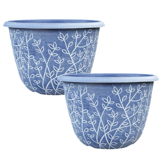 2Pc Plastic Serenity Stout Planter 30cm Blue/White 11L Garden Decor Plant Pot