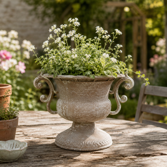 Antique Metal Urn Planter With Handles Vase Pedestal Taupe Stone Aged Finish