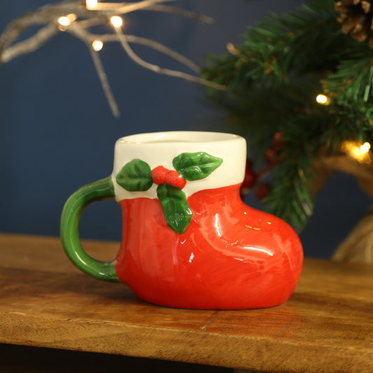 Santa’s Boot Ceramic Mug Festive Christmas Holly & Berry Novelty Tea Coffee Cup