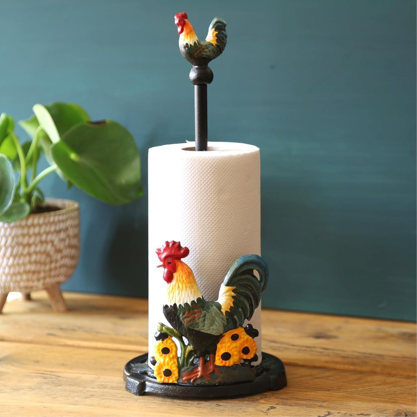 Cast Iron Cockerel Shaped Kitchen Countertop Roll Paper Rooster Tissue Tower