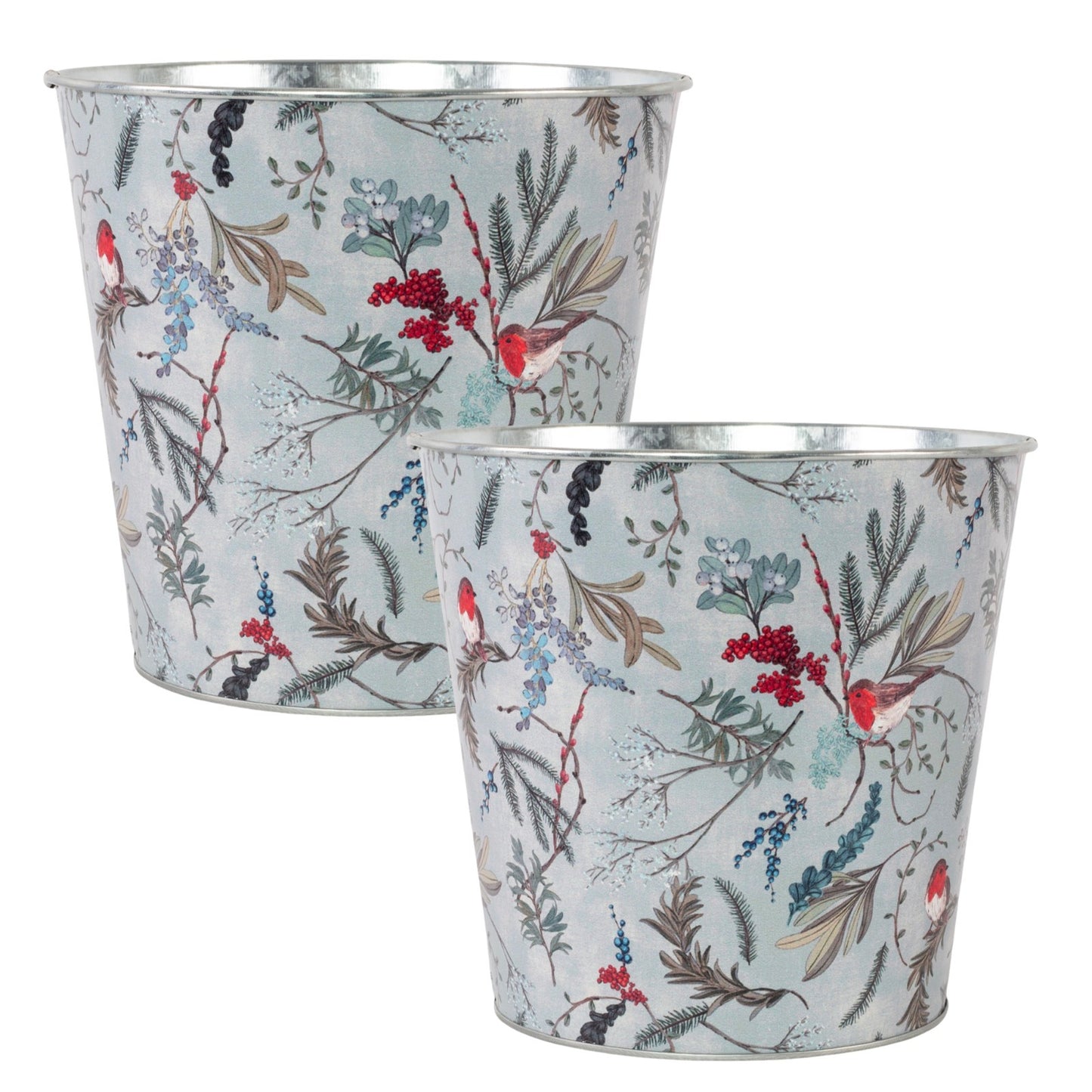 Tin Pail Robin Floral Plant Pot 16cm Christmas Metal Planter Xmas Bucket Home