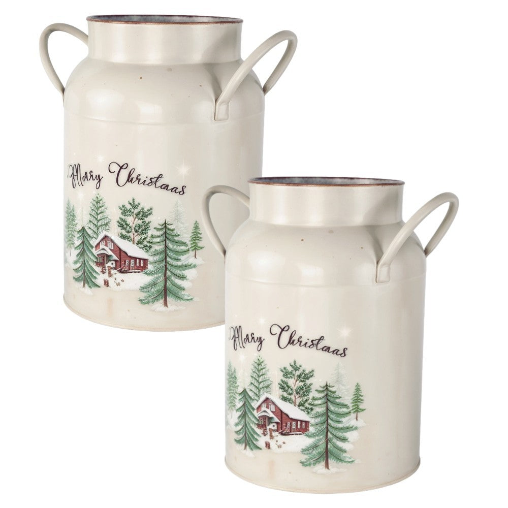 Metal Vase Jug Handles 21cm Festive Winter Tin Churn Merry Christmas Snow Scene