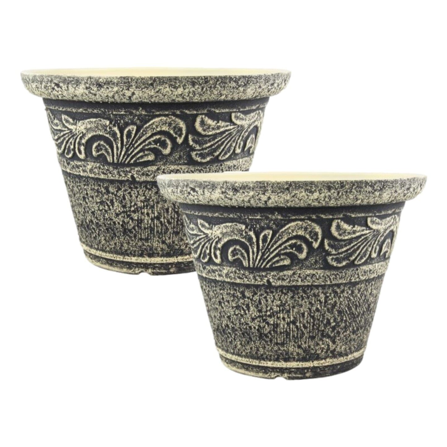 2Pc Round Plastic Grey Plant Pot 30cm Stone Effect Outdoor 8L Garden Planter