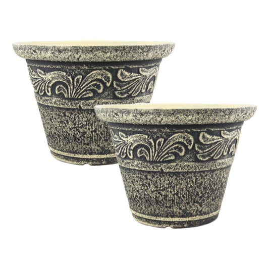 2Pc Round Plastic Grey Plant Pot 30cm Stone Effect Outdoor 8L Garden Planter