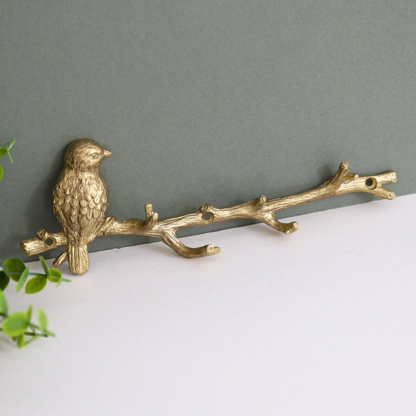 Gold Metal Wall Bird on Branch 6 Hooks Coat Key Hanger Rack Wall Mounted