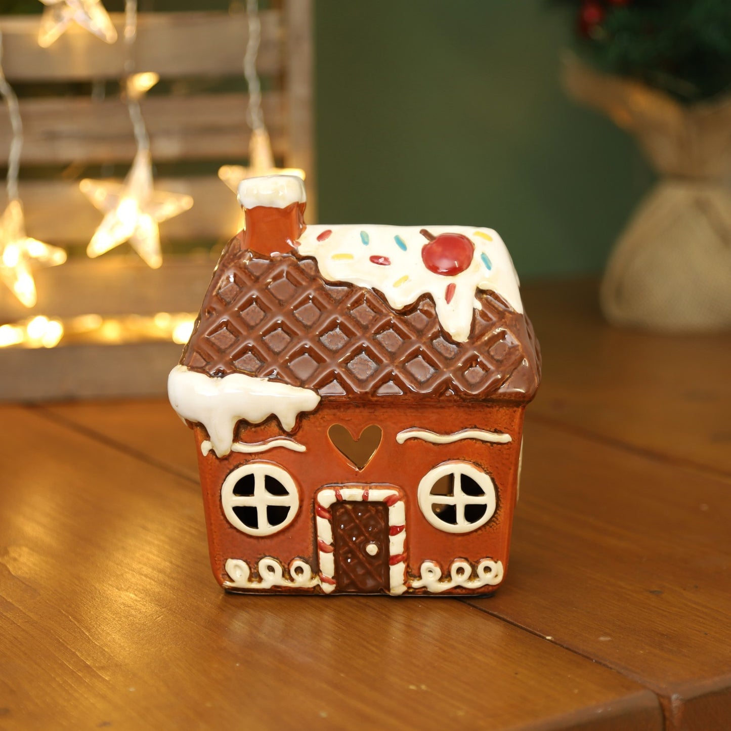 Ceramic Cottage Tealight Candle Holder Cottage House Village Scene Gingerbread