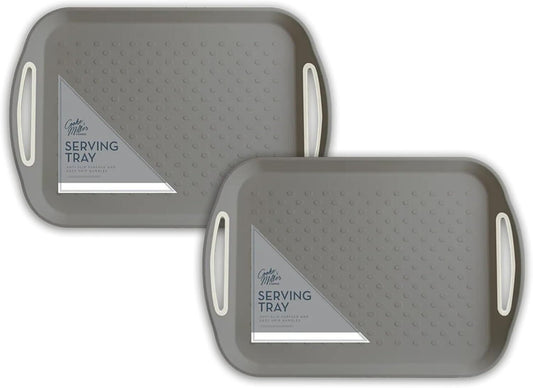 2Pc Grey Plastic Anti Slip Serving Tray Rubber Easy Grip Handle Wipe Clean Tray