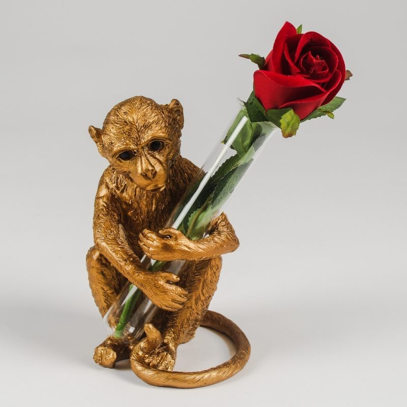 Resin Gold Monkey with Slim Glass Vase in Hands Lone Flower ShelfSitter Ornament
