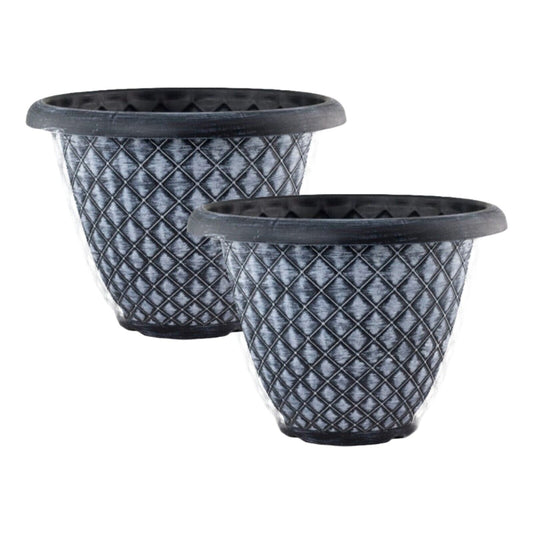 2Pc Bell Quilt Planter 33cm Black/Whitewash Quilt Effect 10L Pot Herb Flower Pot