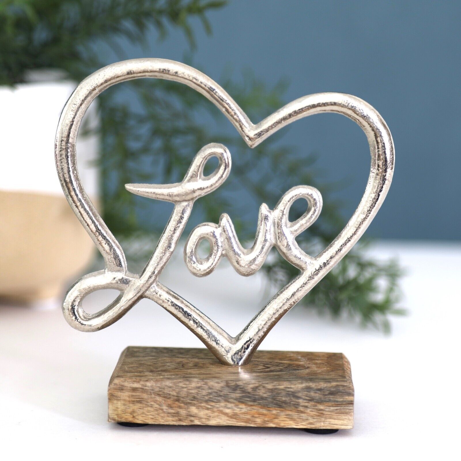 13.5cm Silver Heart with Love on Wooden Plinth Home Decor Ornament Figurine