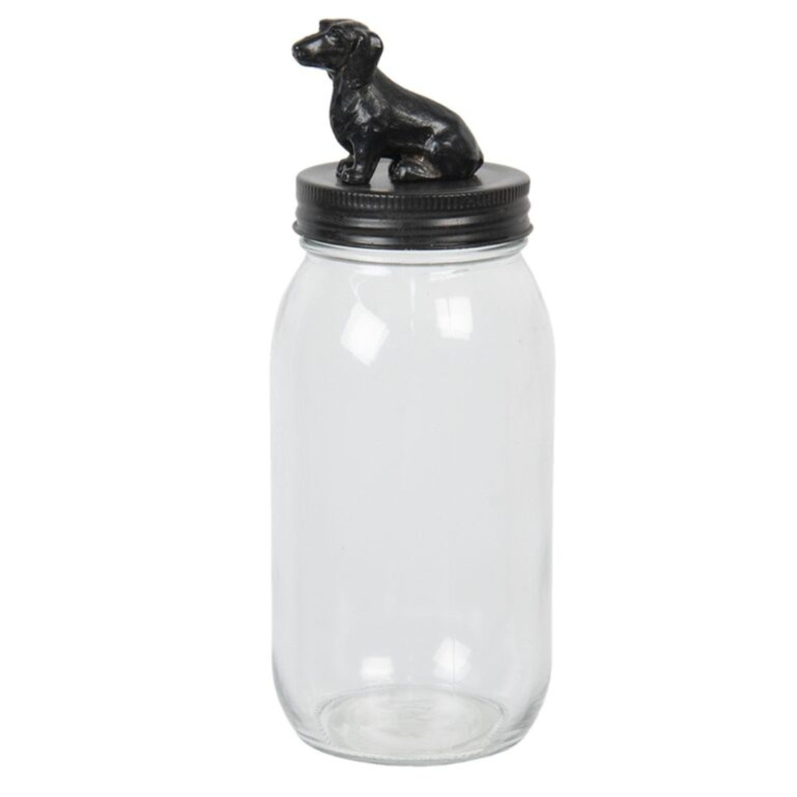Glass Storage Jar with Black Metal Dog on Lid 750Ml Airtight Kitchen Dining Jar