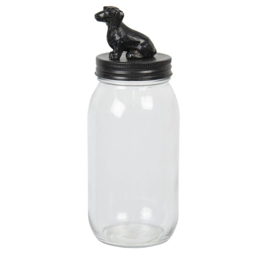 Glass Storage Jar with Black Metal Dog on Lid 750Ml Airtight Kitchen Dining Jar