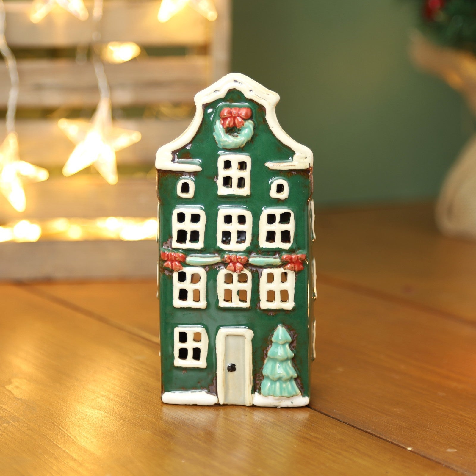 Ceramic Christmas Tealight Holder Cottage Village Scene Townhouse Xmas Ornament