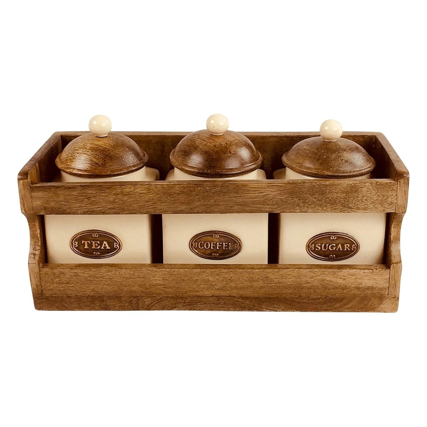Ceramic Coffee Tea Sugar Jars Cream Airtight Lids Brown Wooden Rack Kitchen