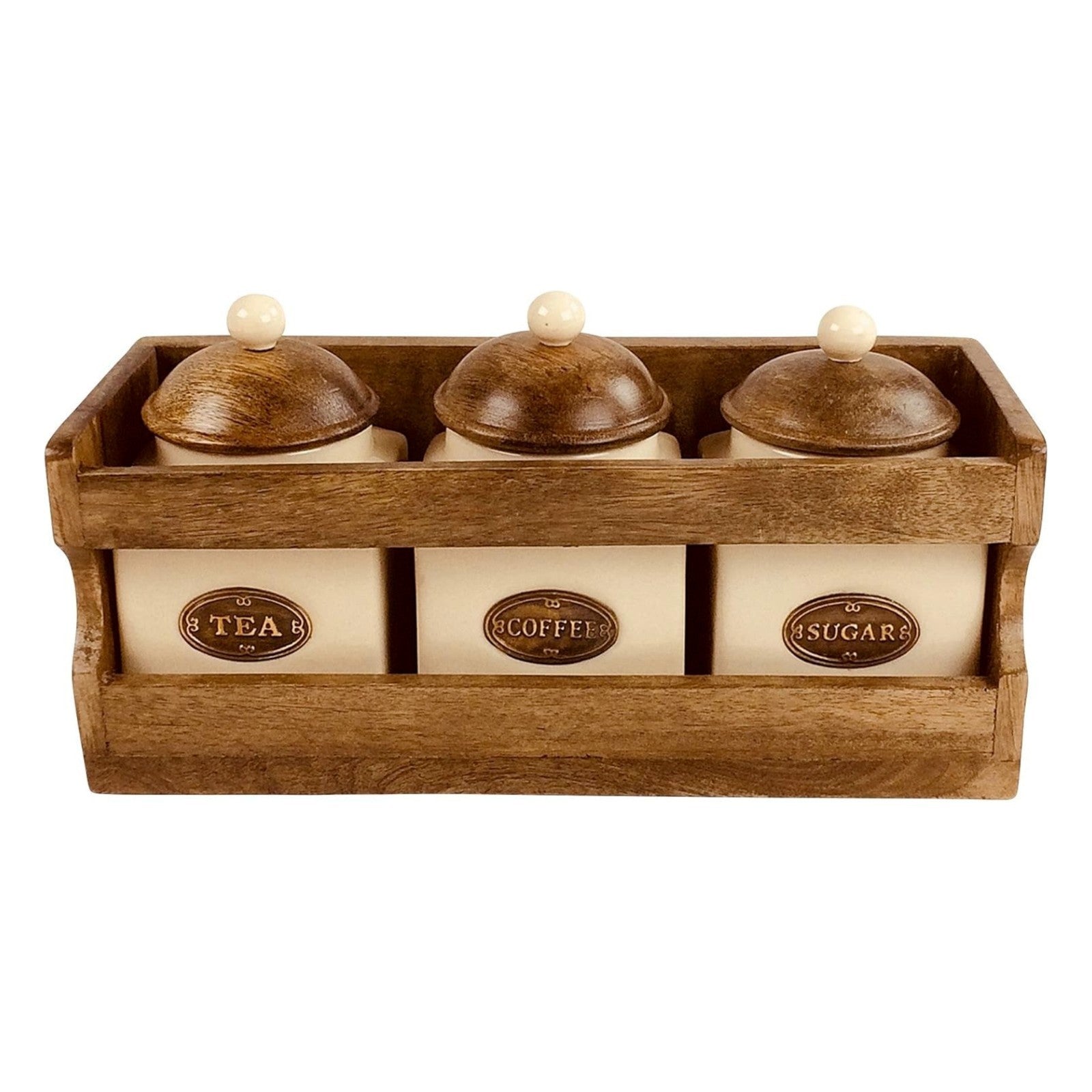 Ceramic Coffee Tea Sugar Jars Cream Airtight Lids Brown Wooden Rack Kitchen