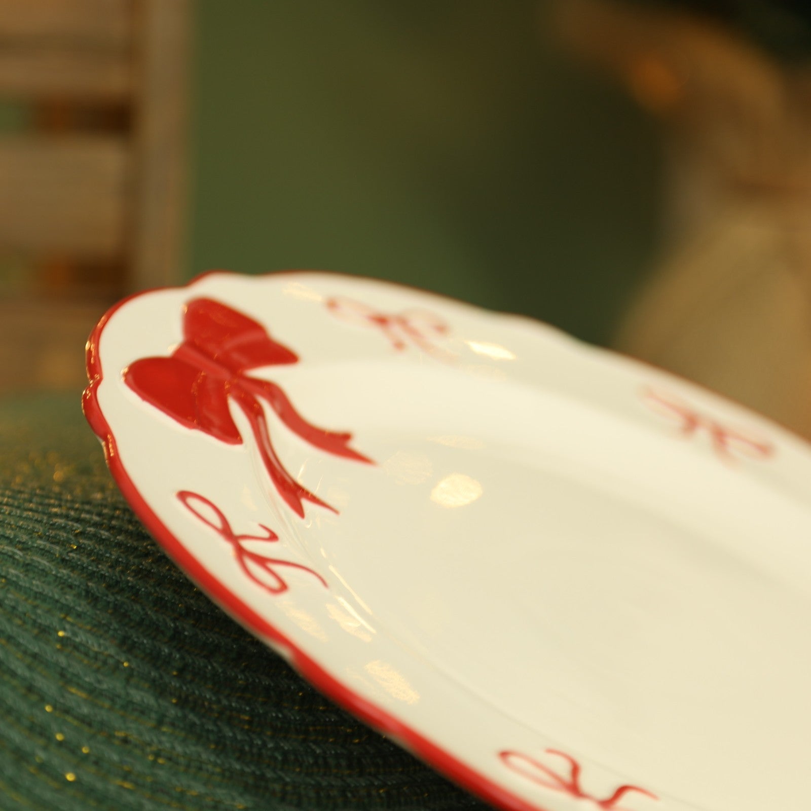 Ceramic White Plate Red Bows, Rim Dinner Tableware Dining Table Xmas Christmas