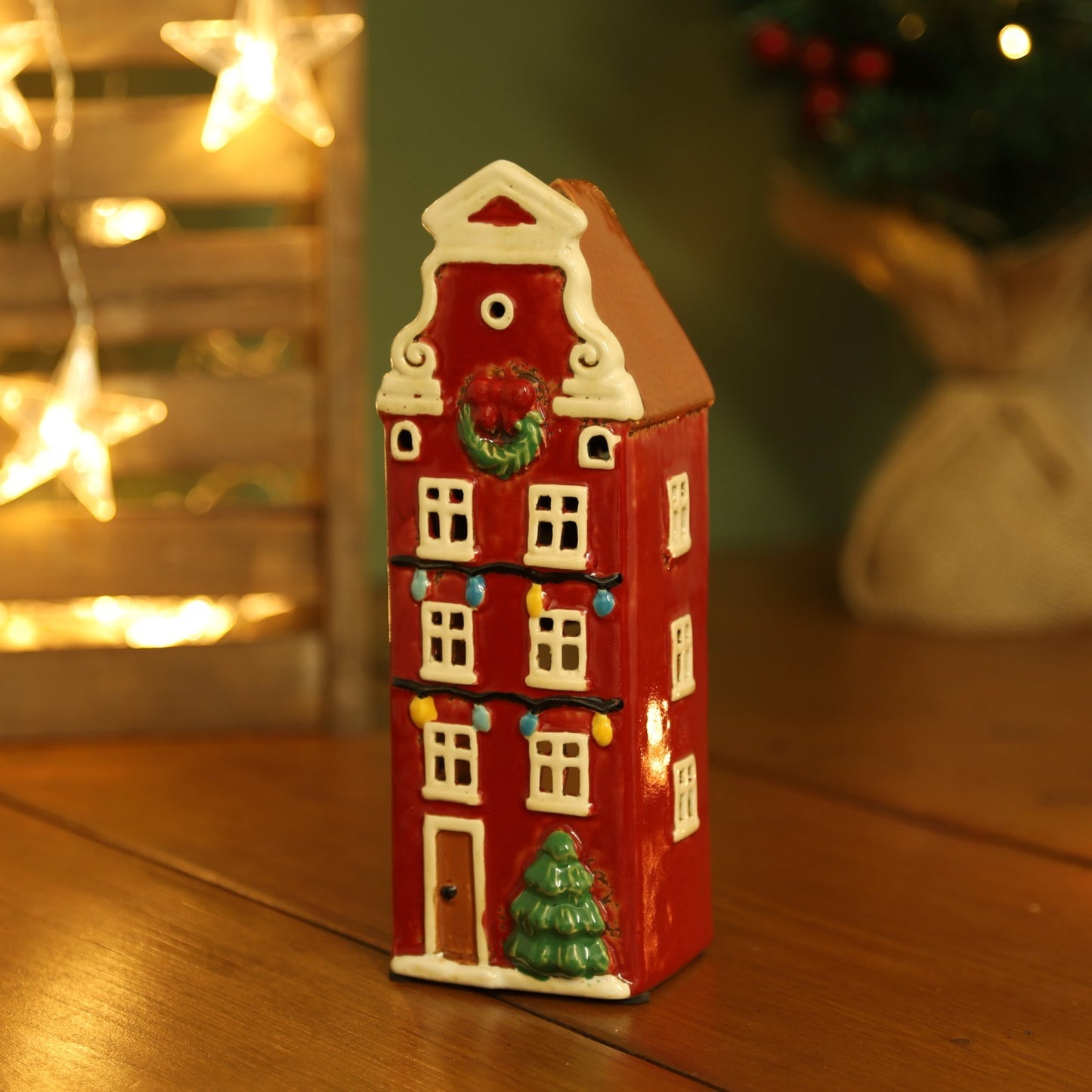 Ceramic Christmas Tealight Holder Cottage Village Scene Townhouse Xmas Ornament