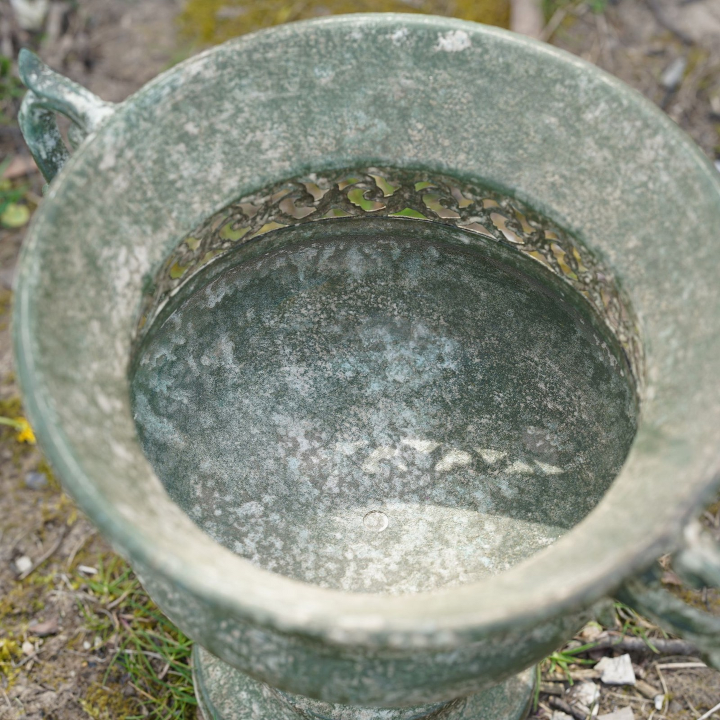 Vase with Handles Green Urn 32cm Wrought Iron Vintage Garden Verdigris Planter