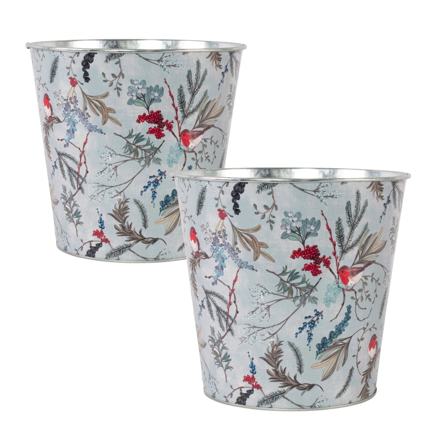 Tin Pail Robin Floral Plant Pot 14cm Christmas Metal Planter Xmas Bucket Home