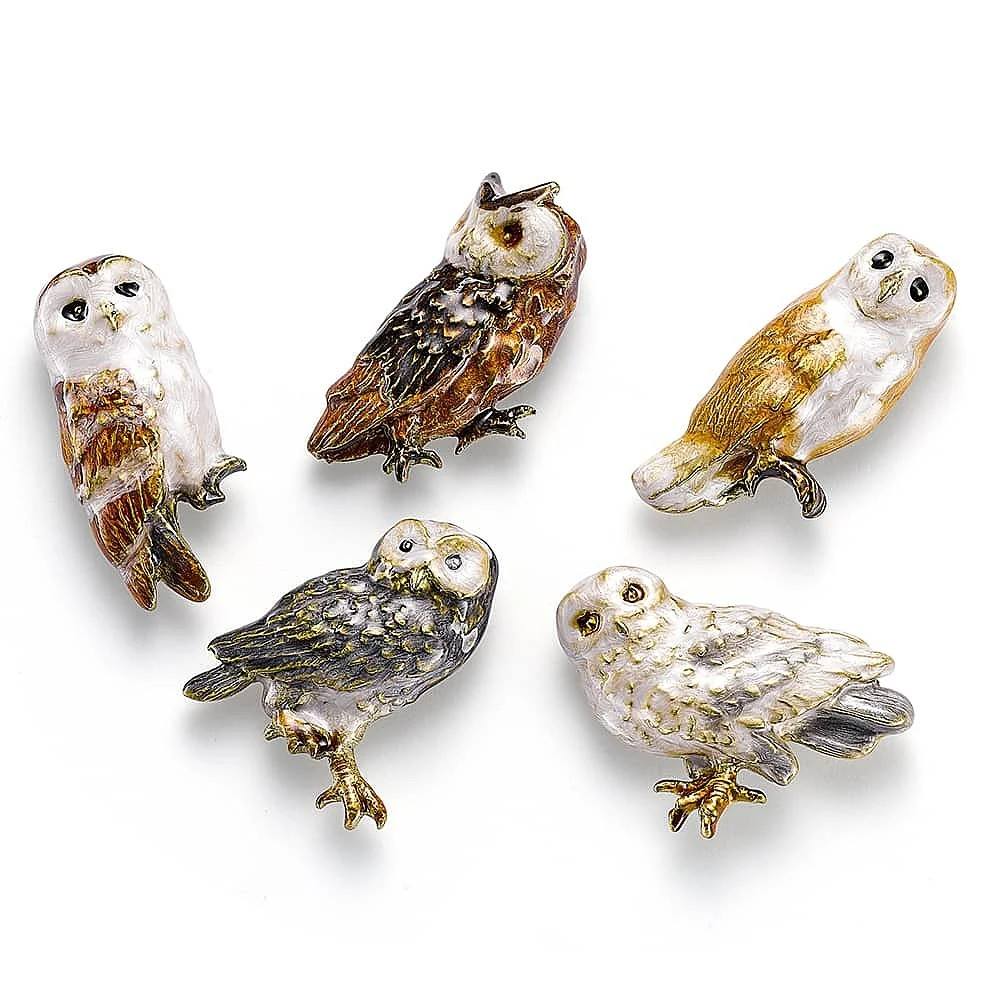 5Pc Metal Owl Fridge Magnets Brown Enamel Bird Refrigerator Kitchen Office Set