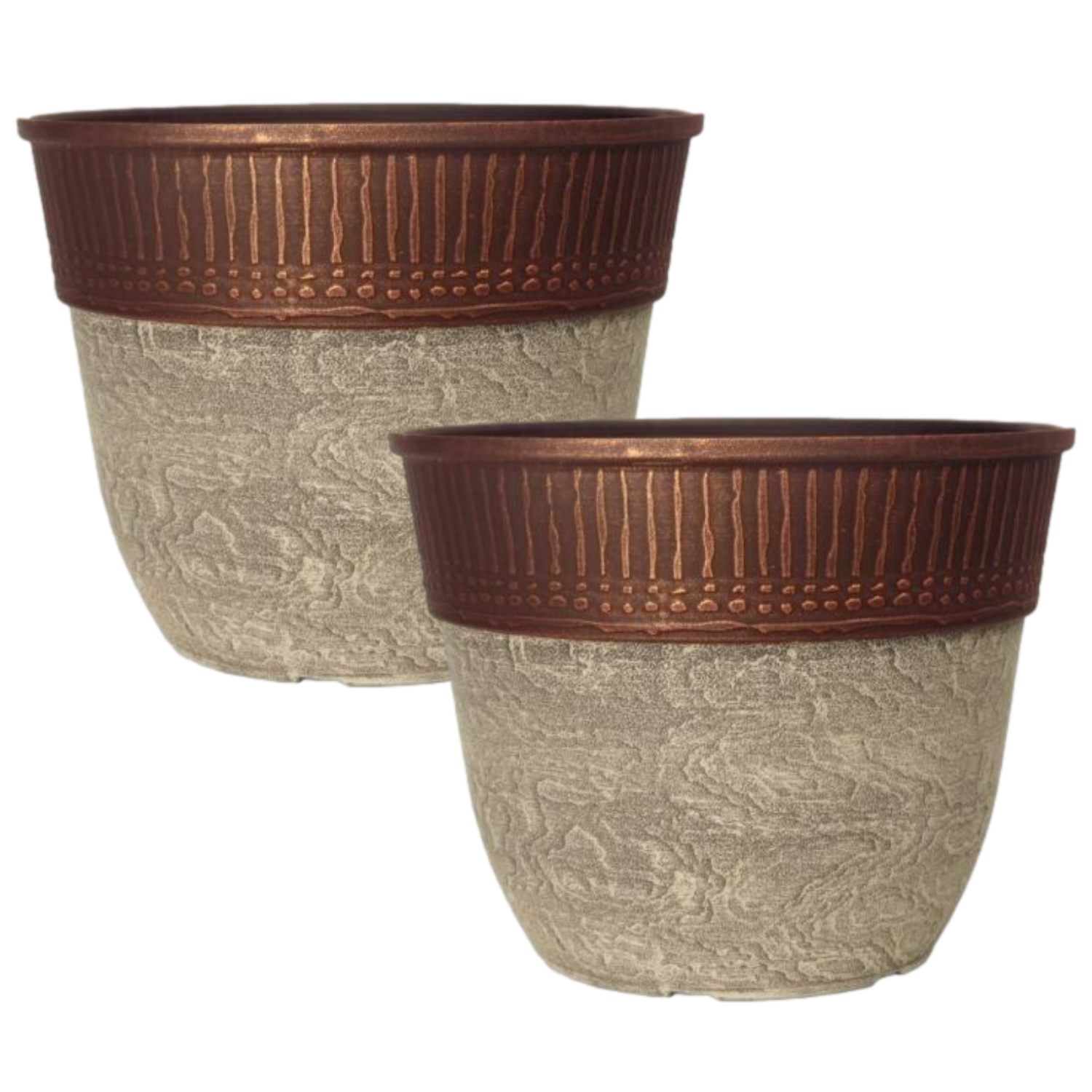 Set of 2 Stone Look Copper Rim Plastic Plant Pot 38cm 23L Round Garden Planter