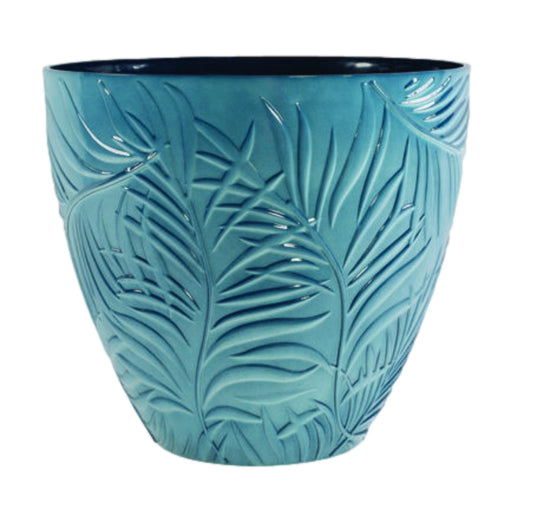 Round Plastic Blue Plant Pot 23cm Fern Leaf Embossed Home Outdoor Flower Planter