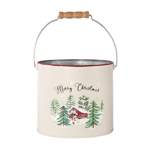 Tin Pail Bucket With Handle 18cm Merry Christmas Snow Scene Xmas Plant Pot Gift